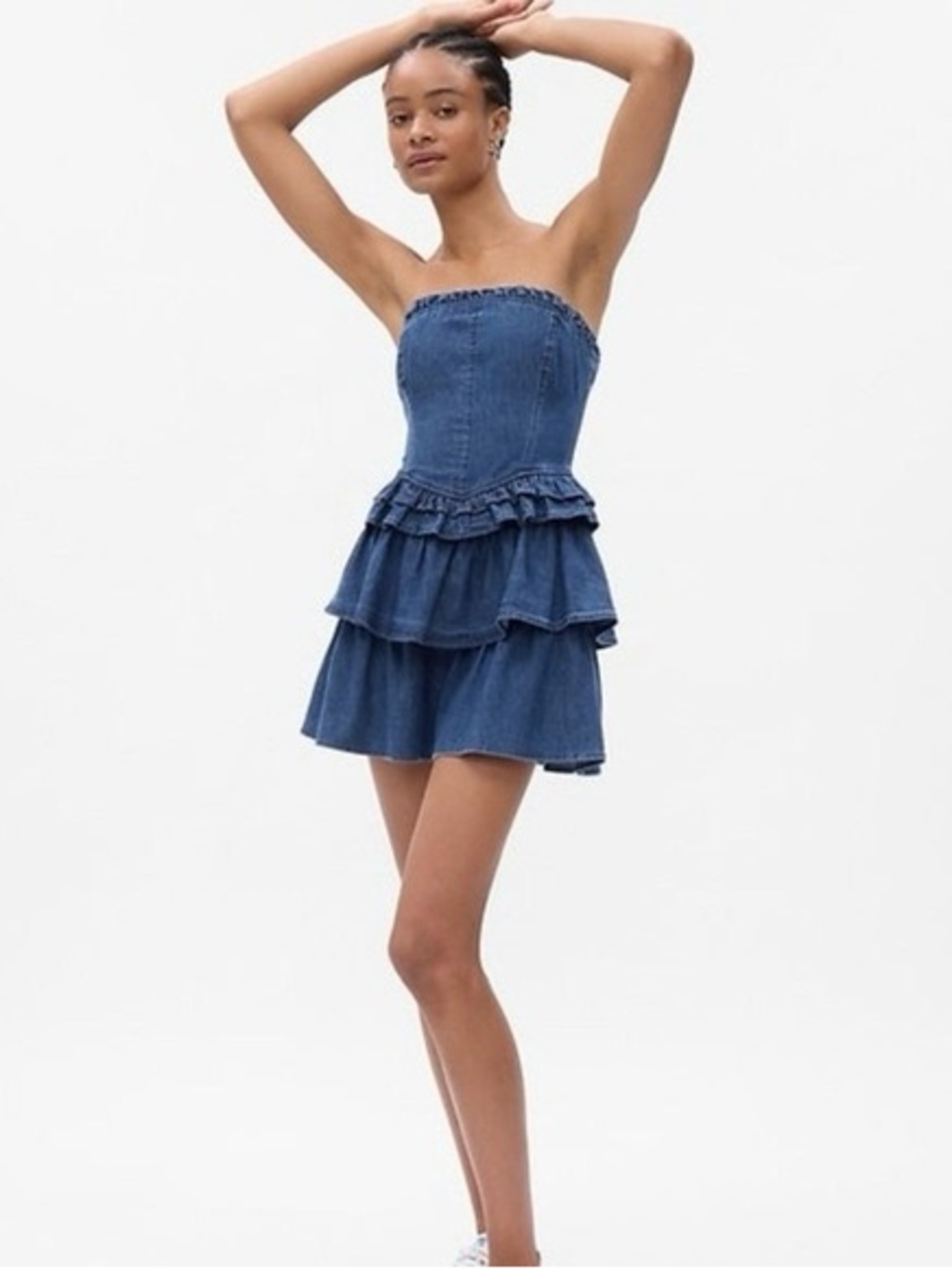 Gap- Love Shack Facy Strapless Tiered Denim Mini Dress - Blue - Picture 4 of 10